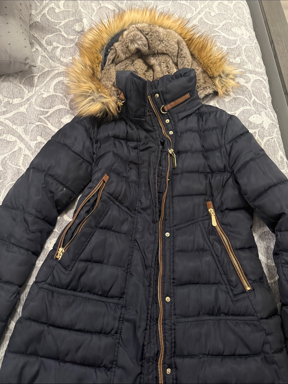Vince Camuto Black Quilted Long Puffer Coat with Faux-Fur Trim